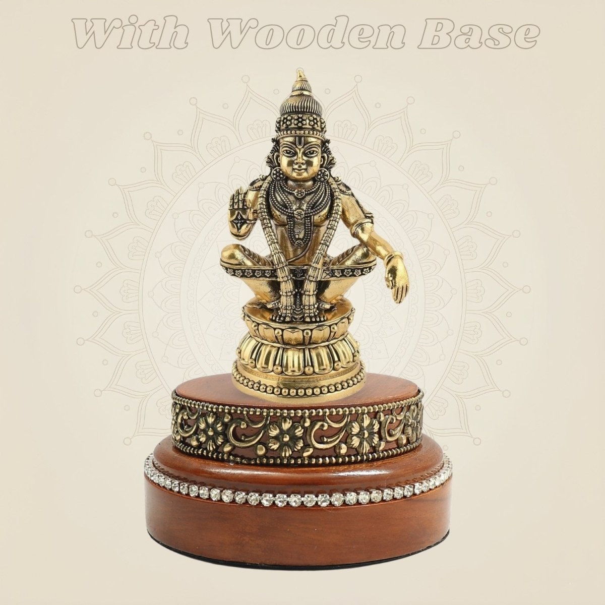 Brass Ayyappa Swami Idol 6" on a Round Wooden Base Display - Luxeartisanship