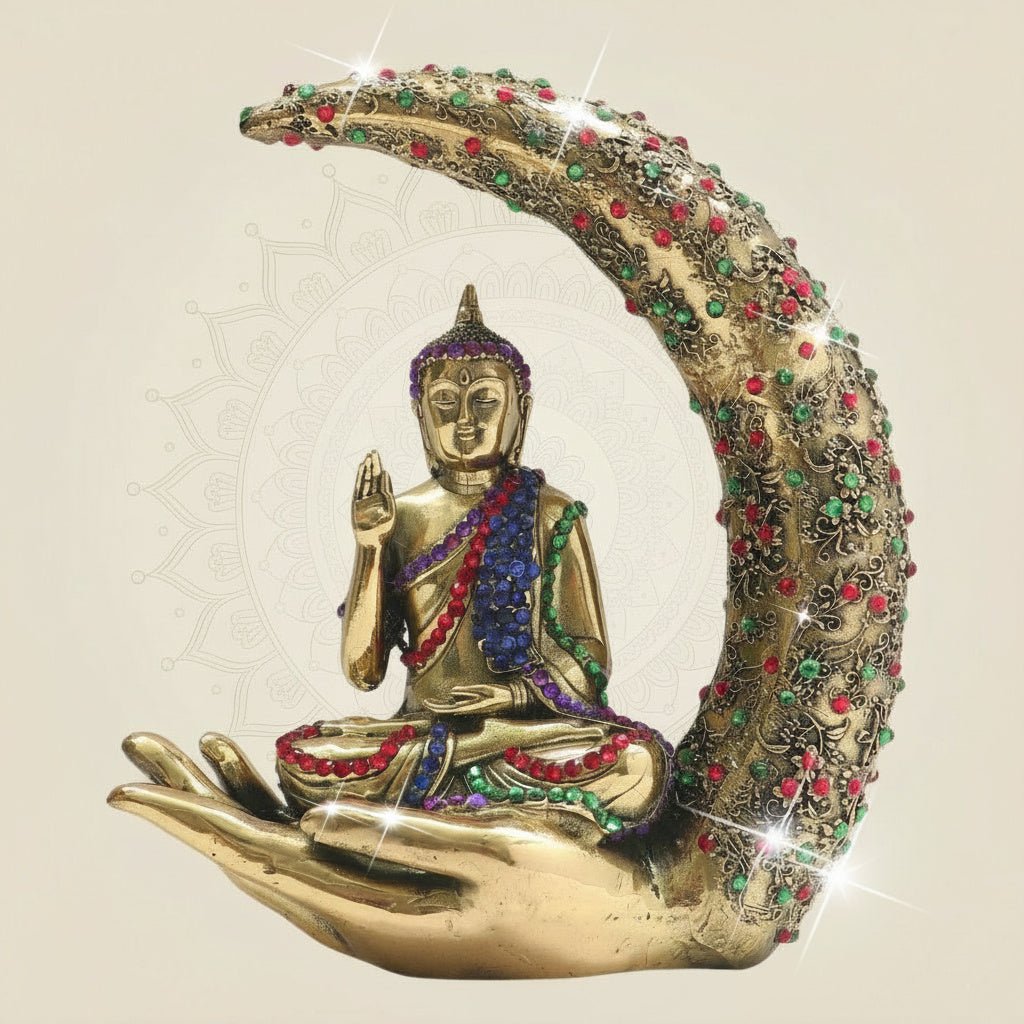 Brass Buddha Statue Seated on Crescent Hand 6.25" with Rich Stone Work - Luxeartisanship