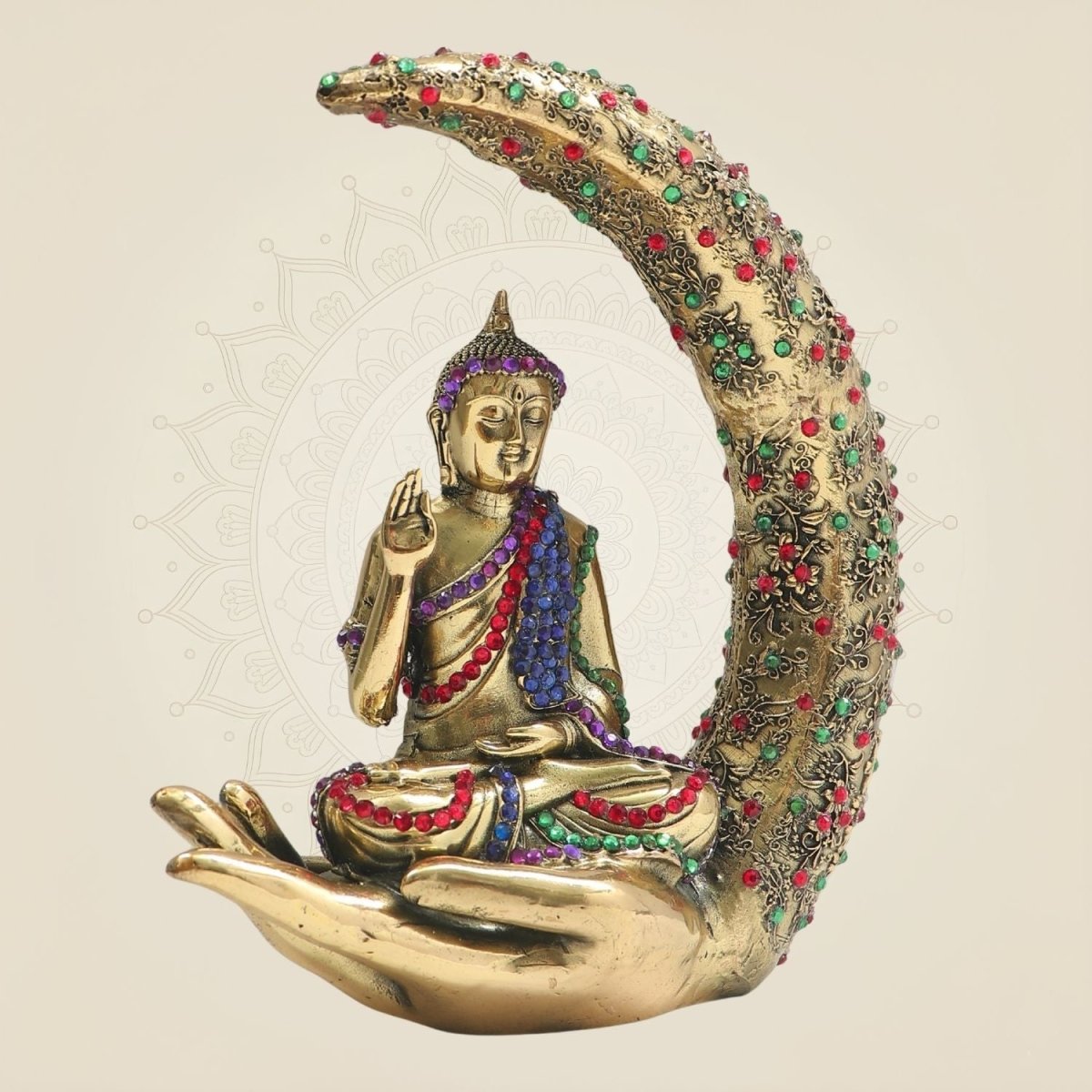 Brass Buddha Statue Seated on Crescent Hand 6.25" with Rich Stone Work - Luxeartisanship