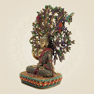 Brass Buddha Statue Under Bodhi Tree 6.5″ with Fine Jewellery Stone Work - Luxeartisanship