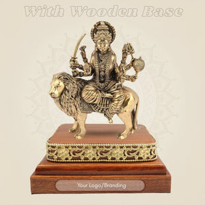 Brass Durga Idol Riding the Lion 6β³ with Square Wood Platform - Luxeartisanship