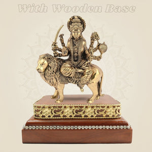 Brass Durga Idol Riding the Lion 6β³ with Square Wood Platform - Luxeartisanship