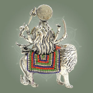 Brass Durga Maa Idol on Lion Featuring Multicolor Stone Work Detailing 6" - Luxeartisanship