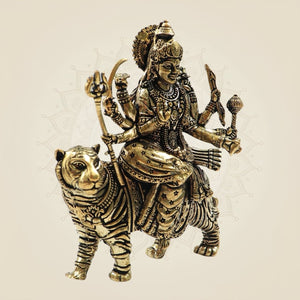 Brass Durga Maa Statue 4" - Seated on Tiger for Strength & Prosperity - Luxeartisanship