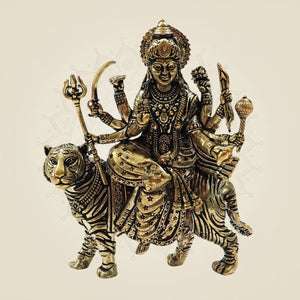 Brass Durga Maa Statue 4" - Seated on Tiger for Strength & Prosperity - Luxeartisanship