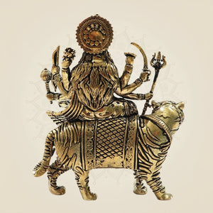 Brass Durga Maa Statue 4" - Seated on Tiger for Strength & Prosperity - Luxeartisanship