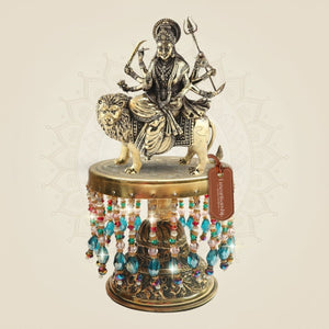 Brass Durga Mata with Lion on Chowki ā Dynamic Riding Posture - Luxeartisanship