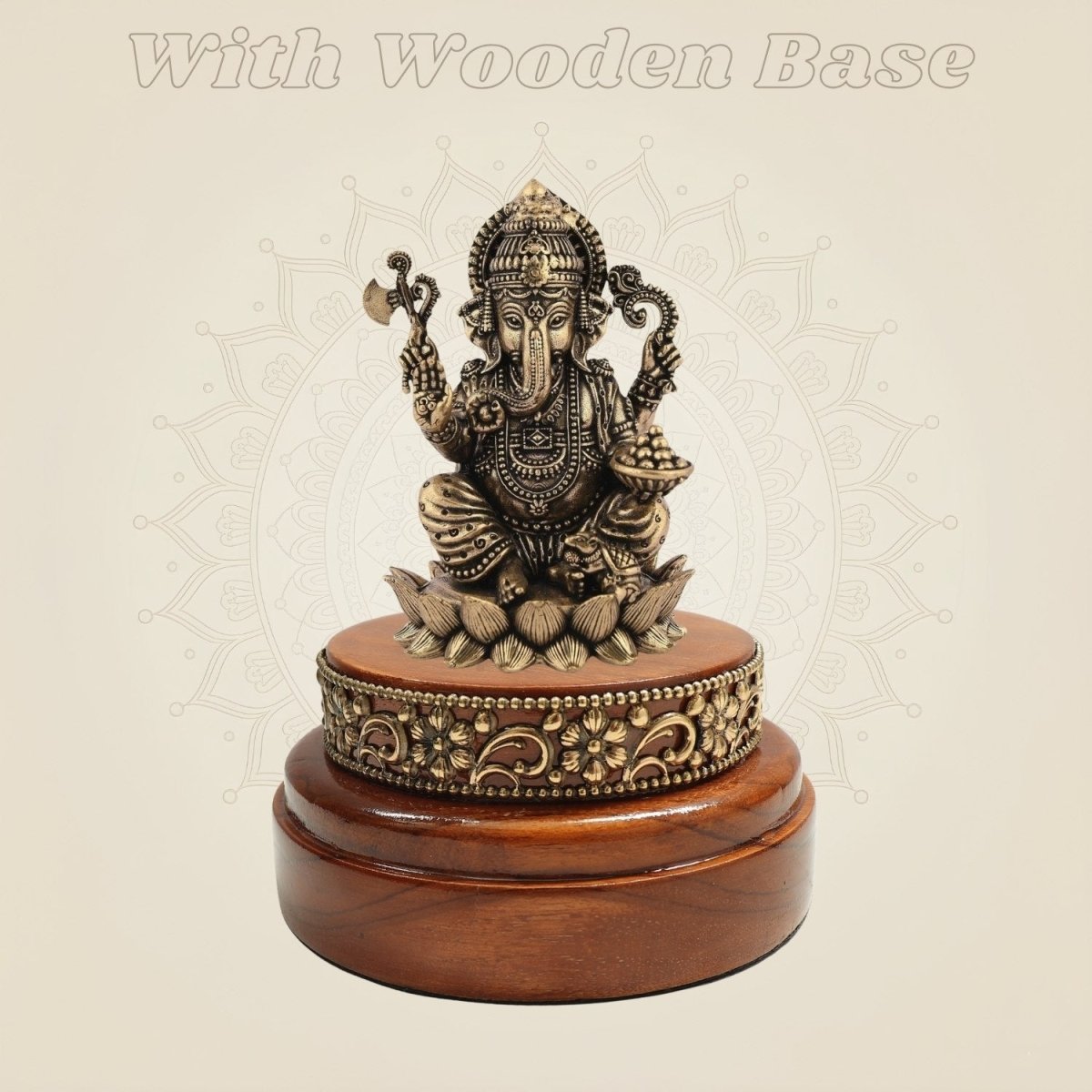 Brass Ganesh Murti Showpiece on Wooden Base Display Accent