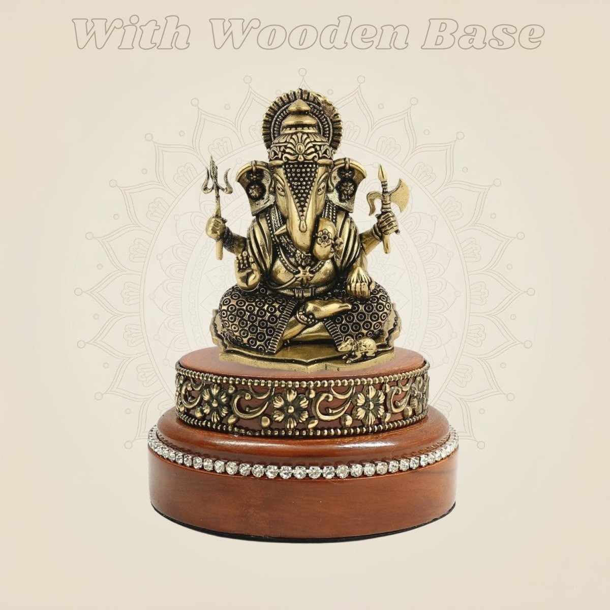 Brass Ganesh Idol Styled as a Wooden Base Showpiece