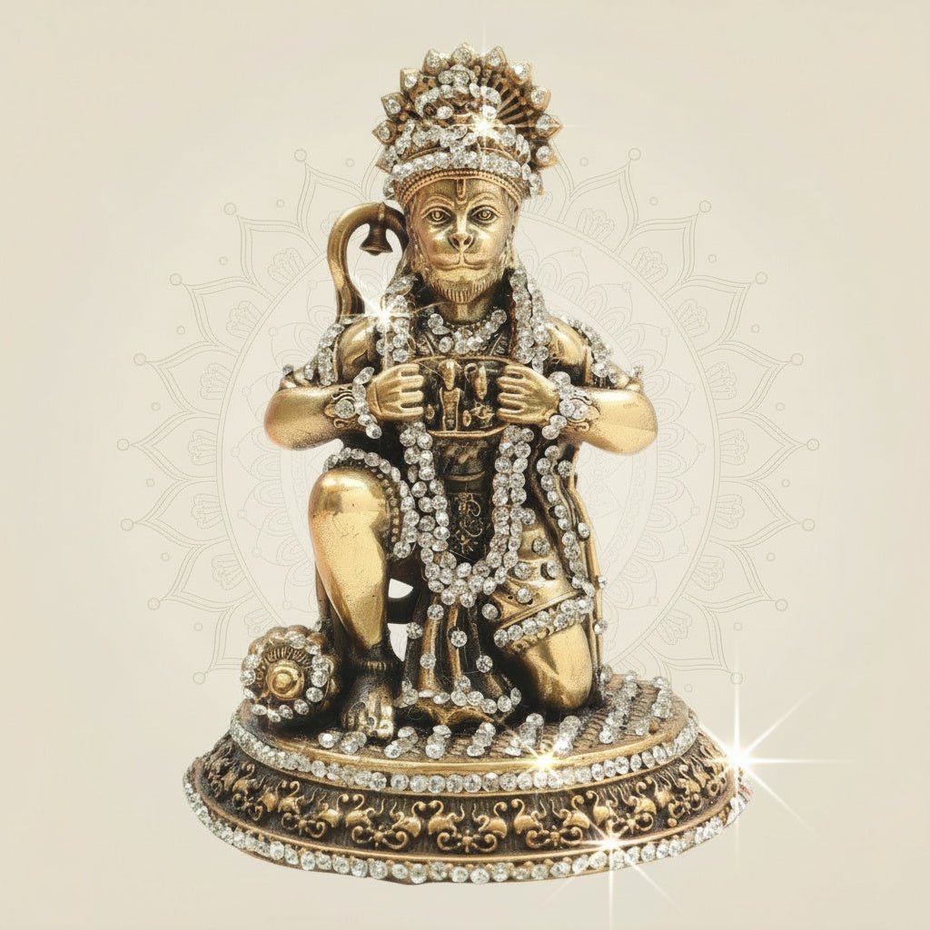 Brass Hanuman Idol 5" in Kneeling Form with Sparkling Stone Embellishment - Luxeartisanship