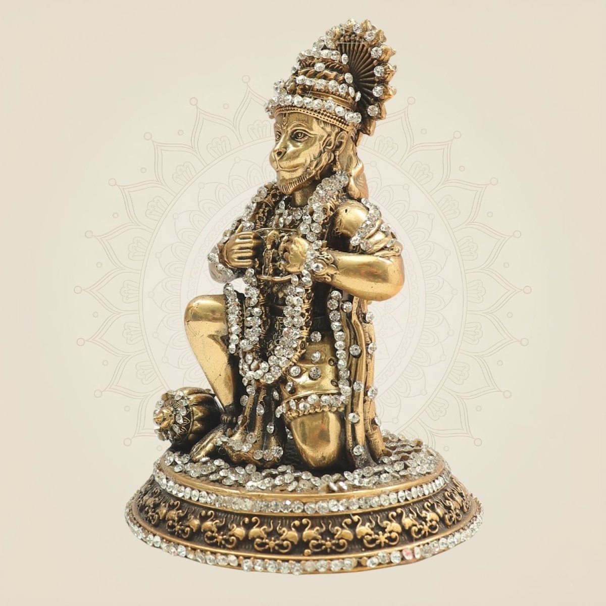 Brass Hanuman Idol 5" in Kneeling Form with Sparkling Stone Embellishment - Luxeartisanship