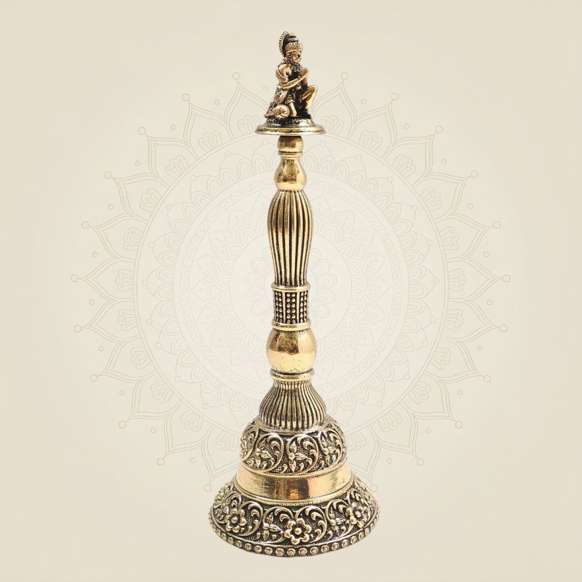 Brass Hanumanji Hand Bell Big Size with Auspicious Detailing 8" - Luxeartisanship