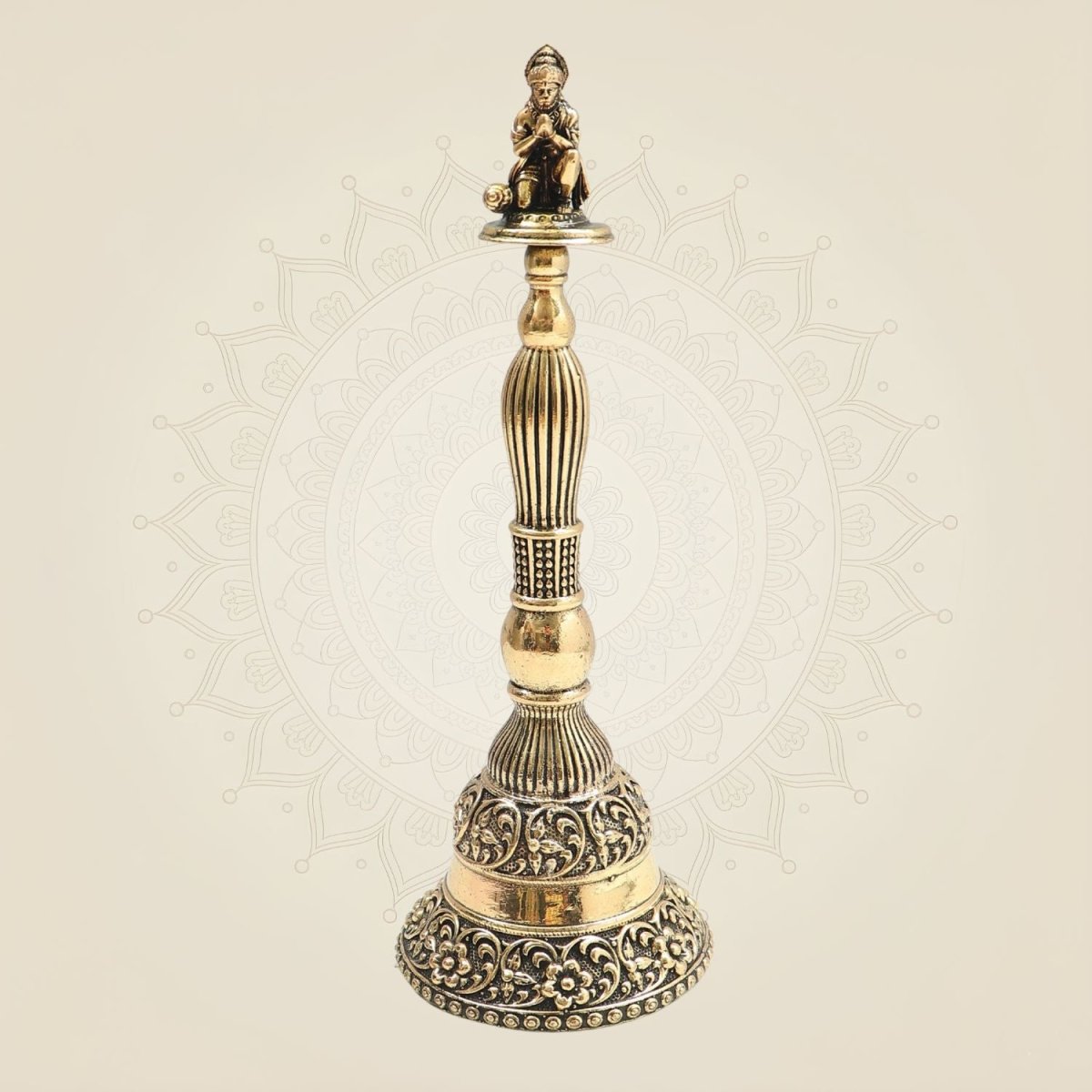 Brass Hanumanji Hand Bell Big Size with Auspicious Detailing 8" - Luxeartisanship
