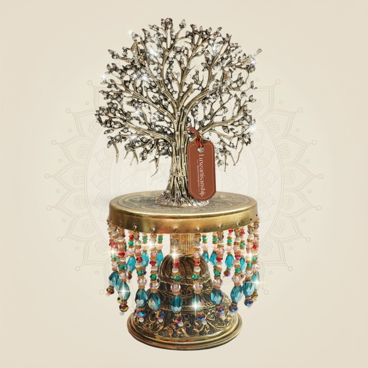 Brass Kalpavriksha Tree on Chowki with Elegant Rhinestone 9.75" - Luxeartisanship