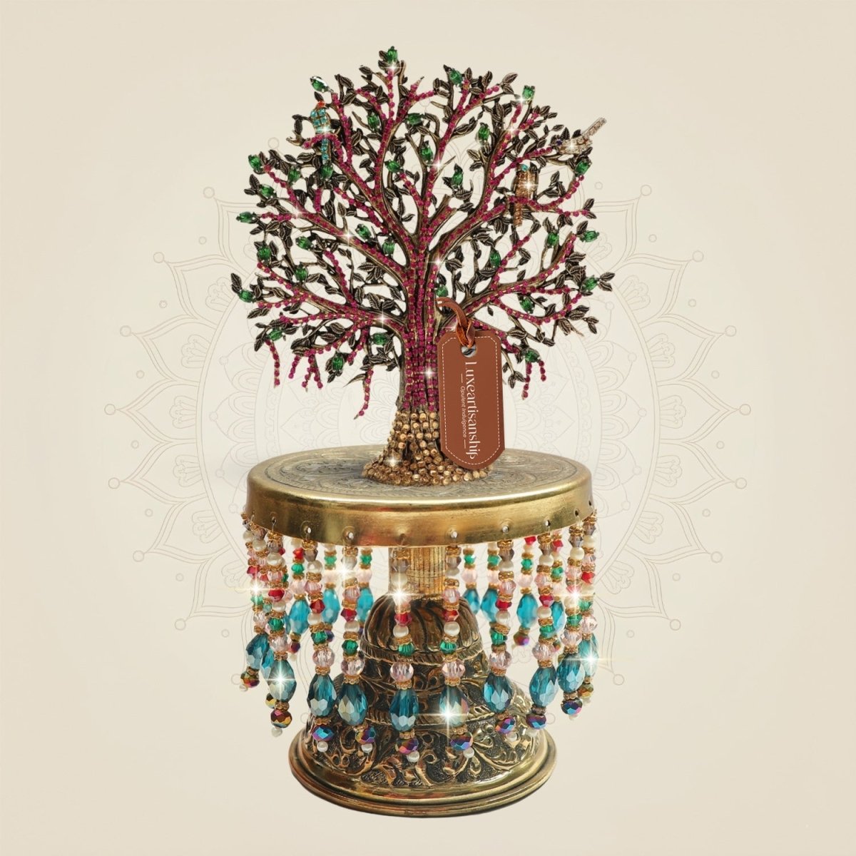 Brass Kalpavriksha Tree with Rhinestone Work on Chowki Decor 9.75" - Luxeartisanship