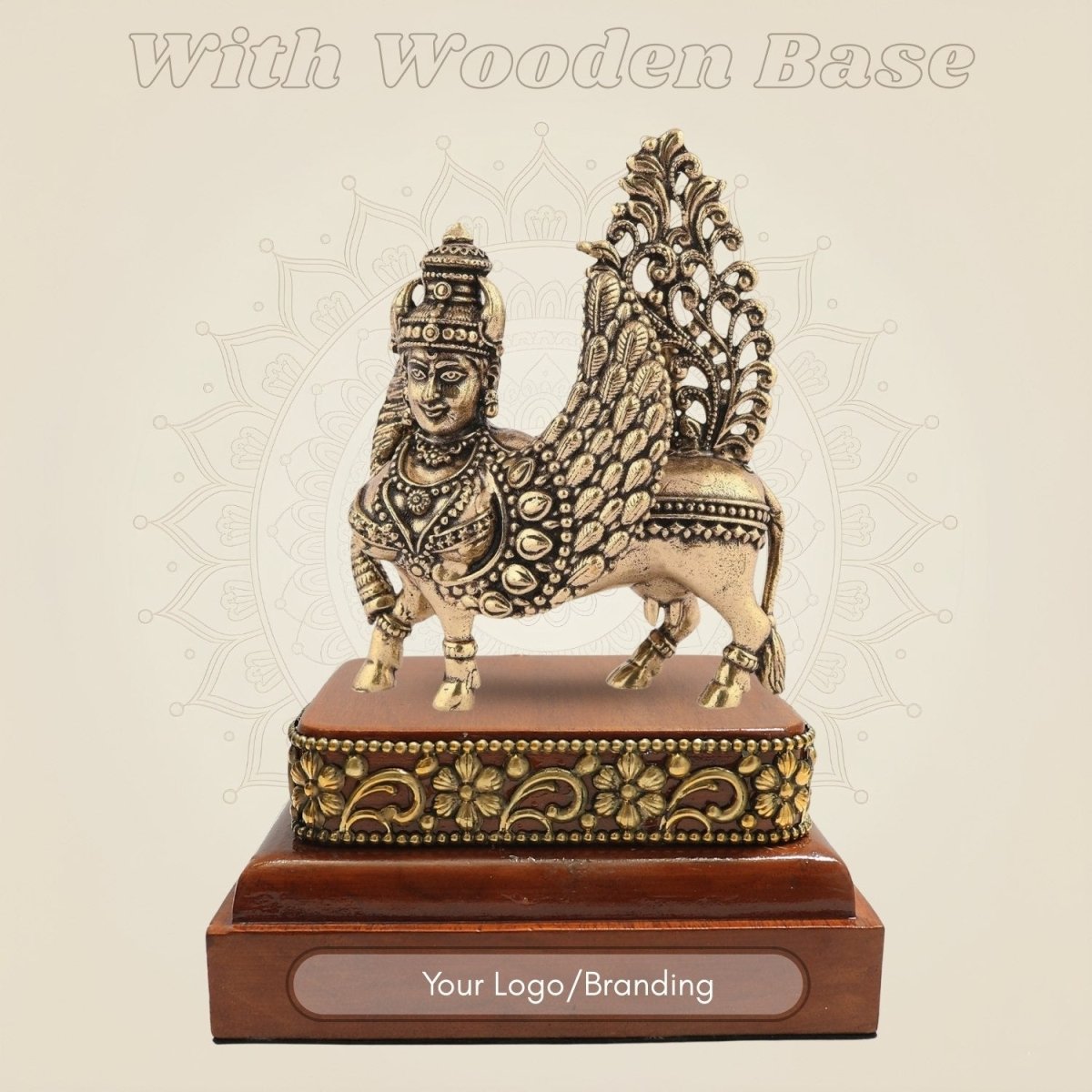 Brass Kamdhenu Cow Idol 3" Set on a Square Wood Platform - Luxeartisanship