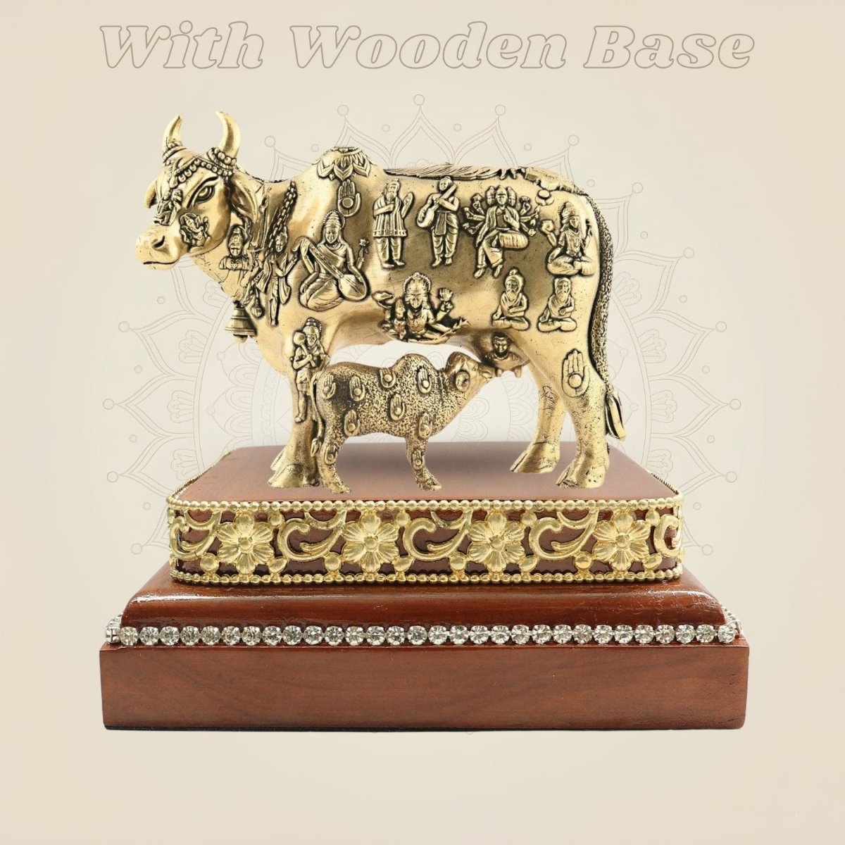 Brass Kamdhenu Cow Sculpture & Calf on Wooden Base