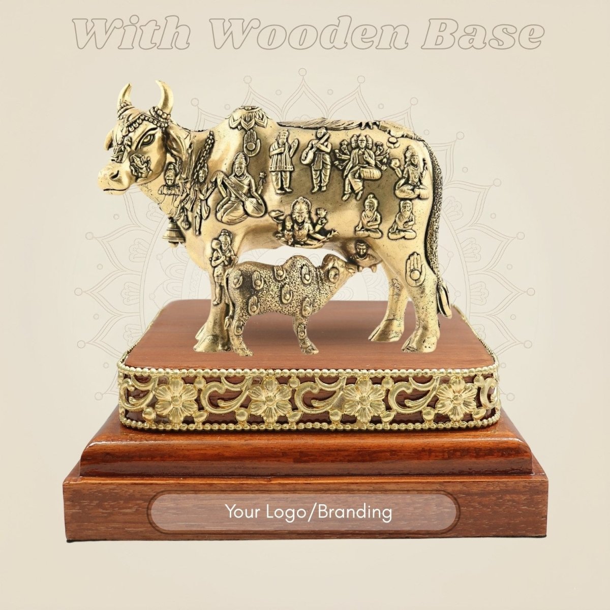 Brass Kamdhenu Cow Idol & Calf on Wooden Base