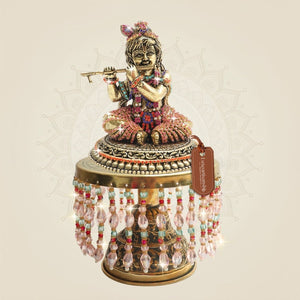 Brass Kanha Idol with Rhinestone Work on Chowki for Mandir 9.25" - Luxeartisanship