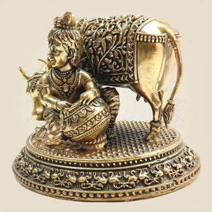 Brass Kanha Ji Idol with Cow Decorative Krishna Murti 3" - Luxeartisanship