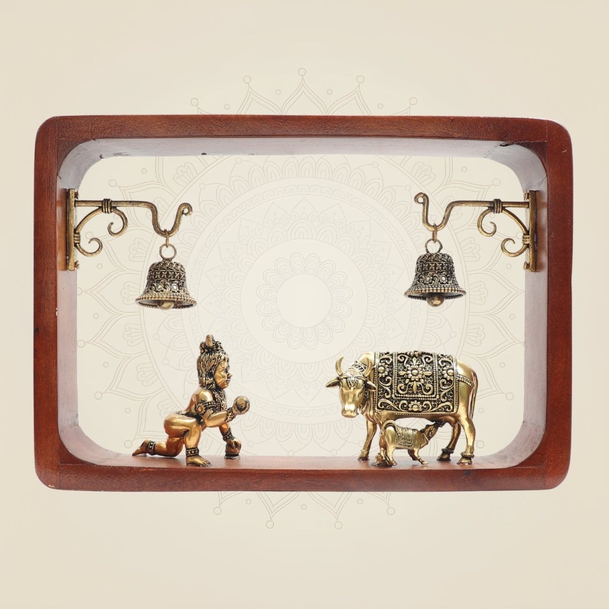 Brass Kanha Ji Idol with Kamdhenu Cow in Wooden Frame 8.25" with Hanging Bells - Luxeartisanship
