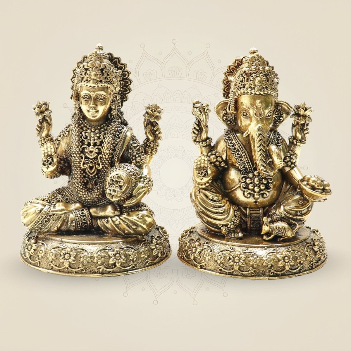 Brass Lakshmi and Ganesha Idol Pair 4" – Detailed Decorative Set - Luxeartisanship
