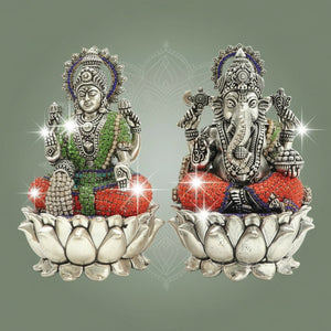 Brass Lakshmi Ganesha Murti on Lotus Base Featuring Multicolor Stone Work 6" - Luxeartisanship