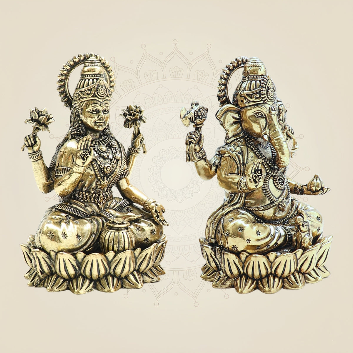 Brass Lakshmi Ganesha on Lotus – 4" Pair • Wealth & Wisdom Idols Set