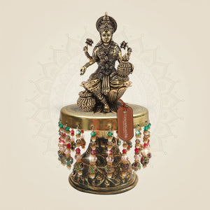 Brass Lakshmi Lotus Idol on Chowki 6.5"β Fine Engraving Work - Luxeartisanship