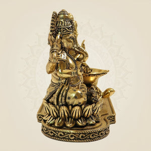 Brass Laxmi Ganesh Idol with Tortoise Diya 4.5 Inch – Prosperity & Wealth Decor - Luxeartisanship