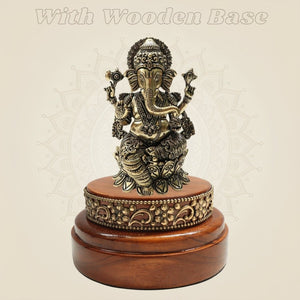 Brass Lord Ganesha Idol 4" Set on a Round Wood Platform - Luxeartisanship