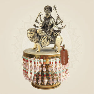 Brass Maa Durga Idol Seated on Lion and Chowki 10" for Sacred Energy Space - Luxeartisanship