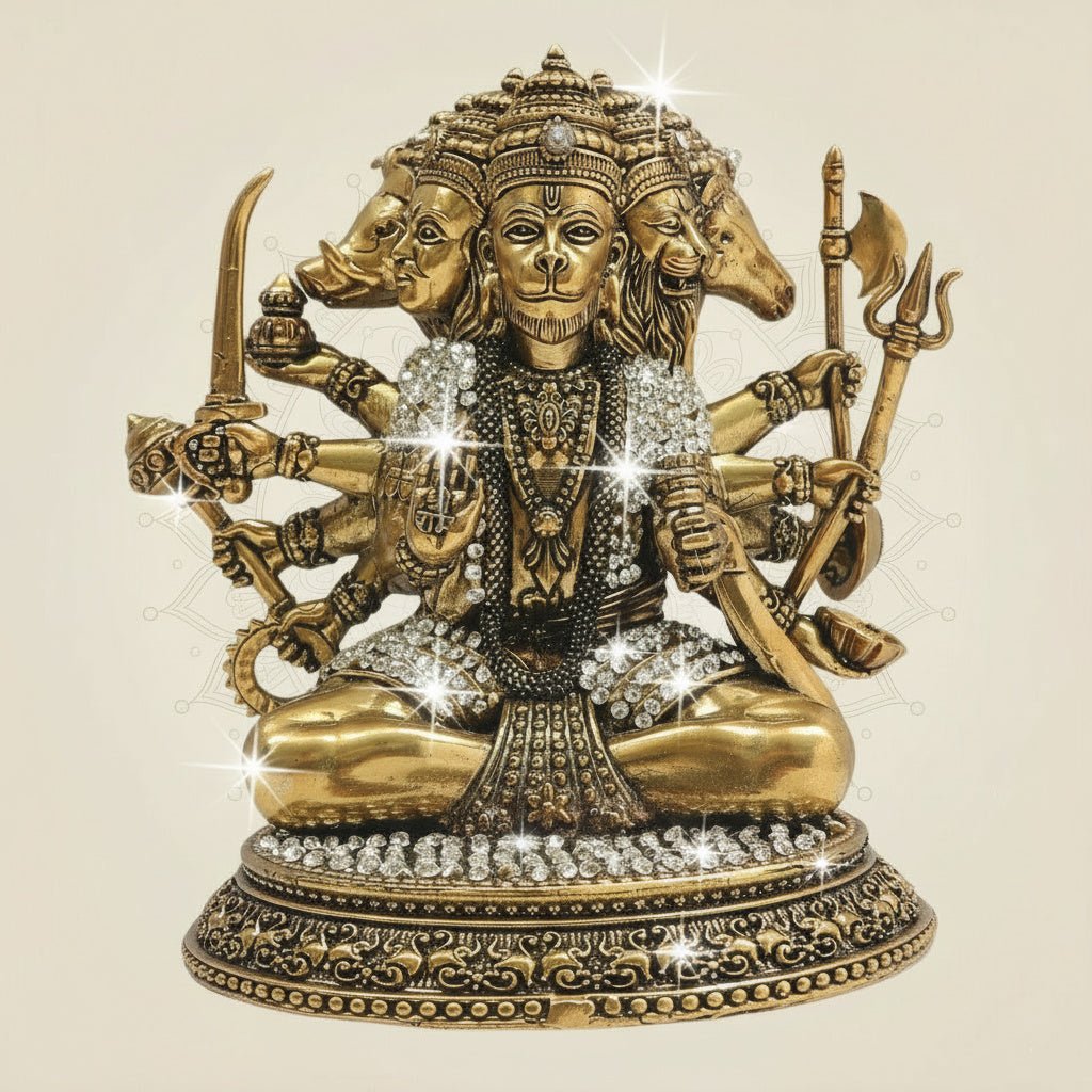 Brass Panchmukhi Hanuman Murti 6" with Refined Stone Accents - Luxeartisanship