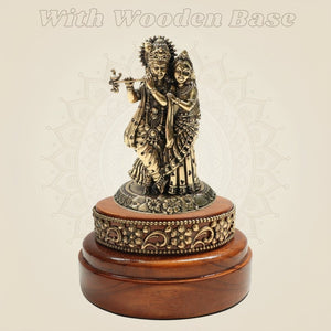 Brass Radha Krishna Idol 4β³ Crafted on Round Wooden Base - Luxeartisanship