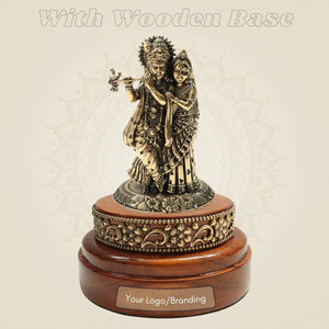 Brass Radha Krishna Idol 4β³ Crafted on Round Wooden Base - Luxeartisanship
