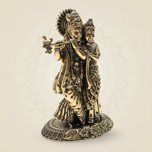 Brass Radha Krishna Idol 4"β Graceful Flute - Playing Murti for Home - Luxeartisanship