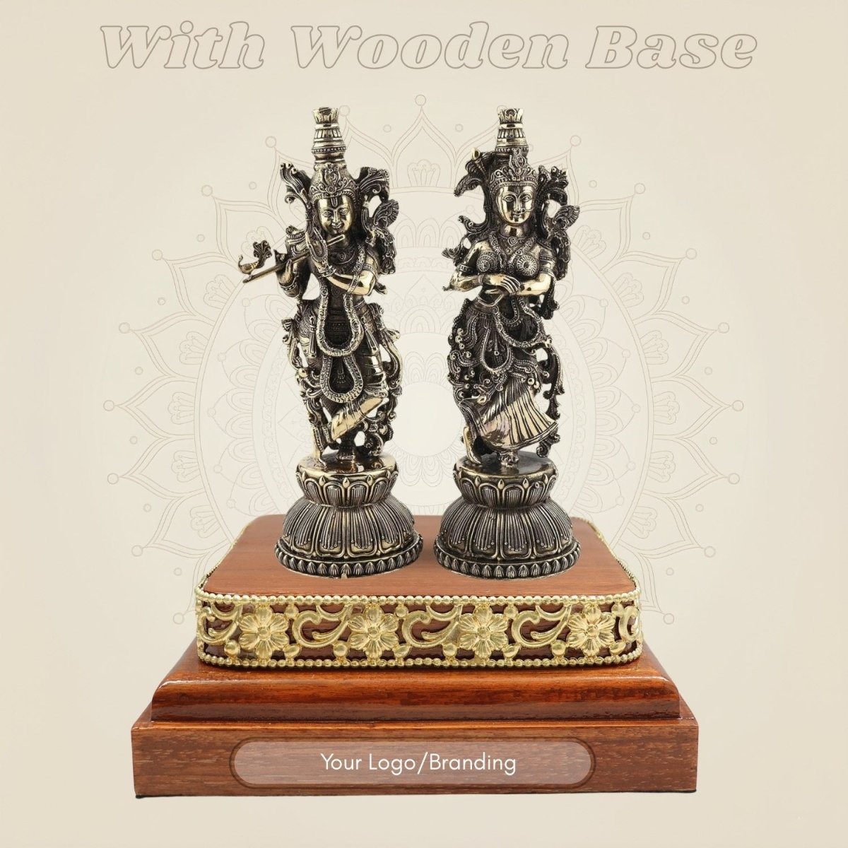 Brass Radha Krishna Murti 5.5" Duo on a Square Wooden Base Display - Luxeartisanship