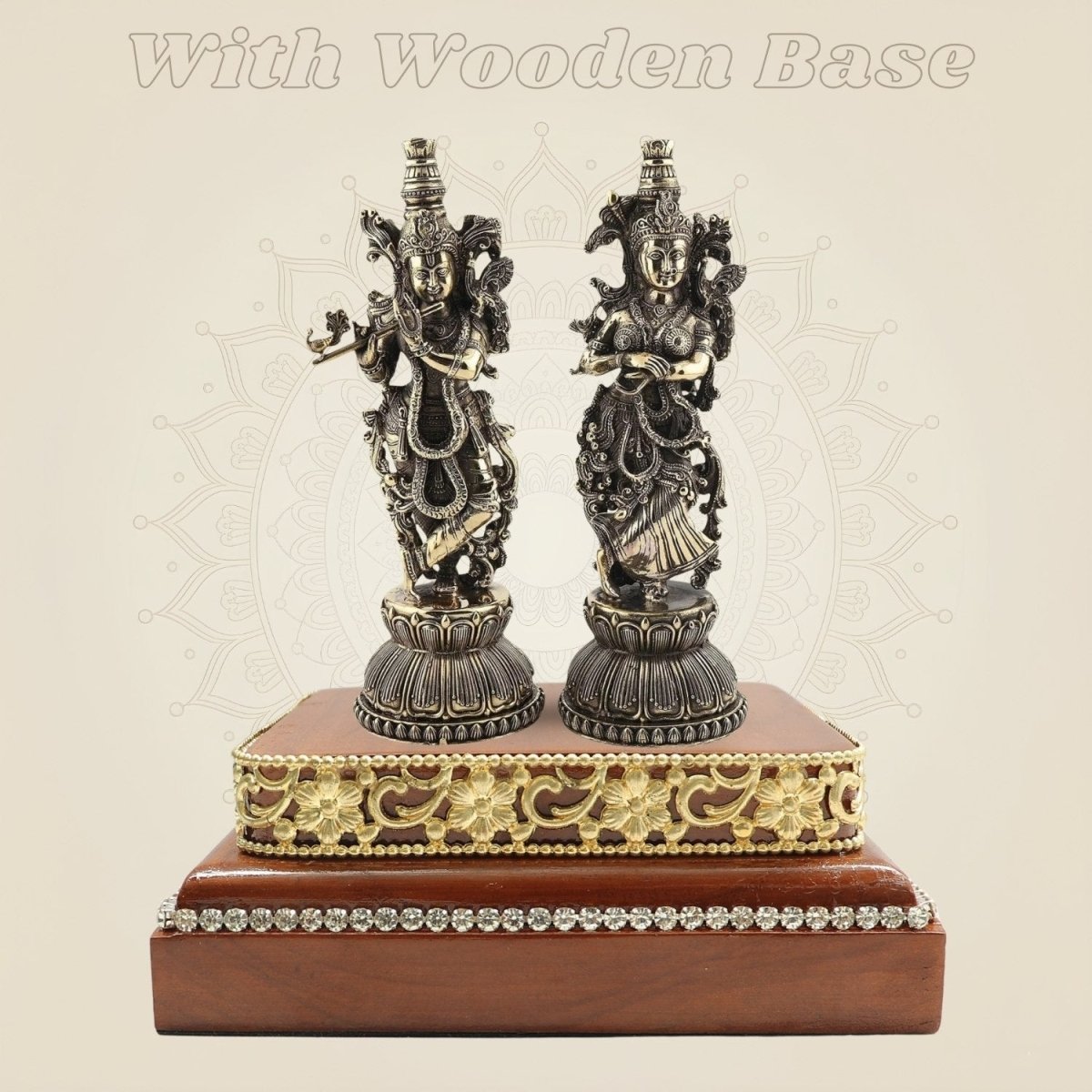 Brass Radha Krishna Murti 5.5" Duo on a Square Wooden Base Display - Luxeartisanship
