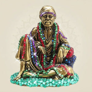 Brass Sai Baba Seated Statue 4" with Vibrant Jewellery Stone Detailing - Luxeartisanship