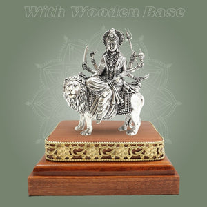 Brass Sherawali Durga Maa Idol Silver - Plated with Square Wooden Base - Luxeartisanship