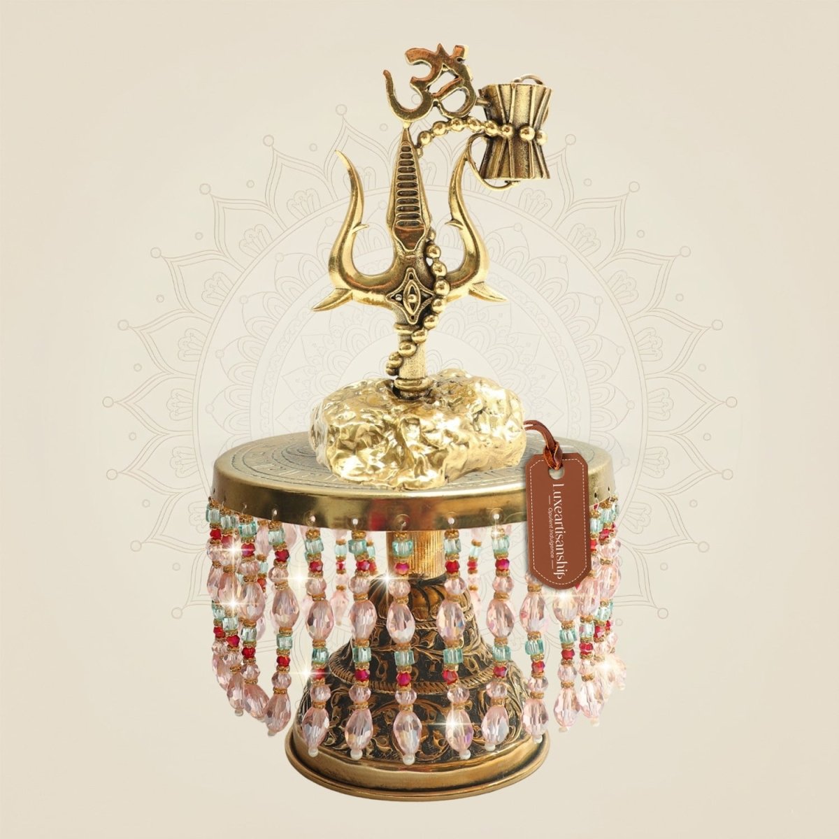 Brass Shiv Trishul with Damru and Om Emblem on Chowki 10" - Luxeartisanship