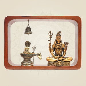 Brass Shiva Idol with Shiva Lingam in a Wooden Frame 8.25" - Decorative Piece - Luxeartisanship
