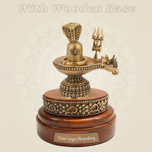 Brass Shiva Lingam Set with Nandi, Naag & Trishul 3.5″ Wooden Base - Luxeartisanship