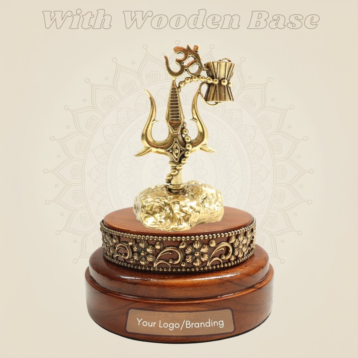 Brass Shiva Trishul 5" Featuring Damru and Om with Round Wooden Base - Luxeartisanship