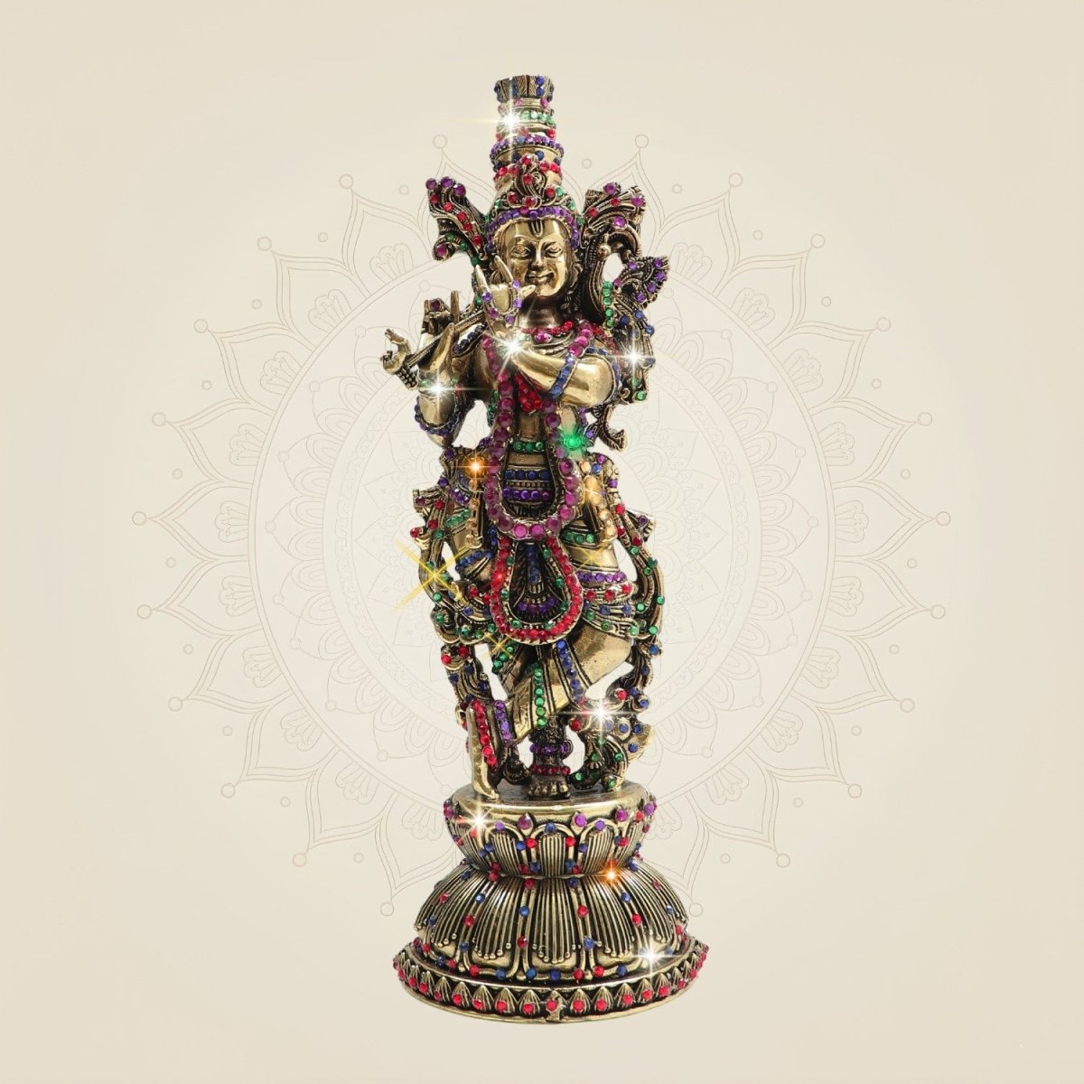 Brass South Indian Krishna Statue Playing Flute 10.75" with Rich Stone Work - Luxeartisanship