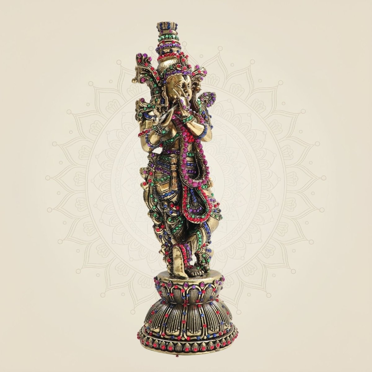 Brass South Indian Krishna Statue Playing Flute 10.75" with Rich Stone Work - Luxeartisanship