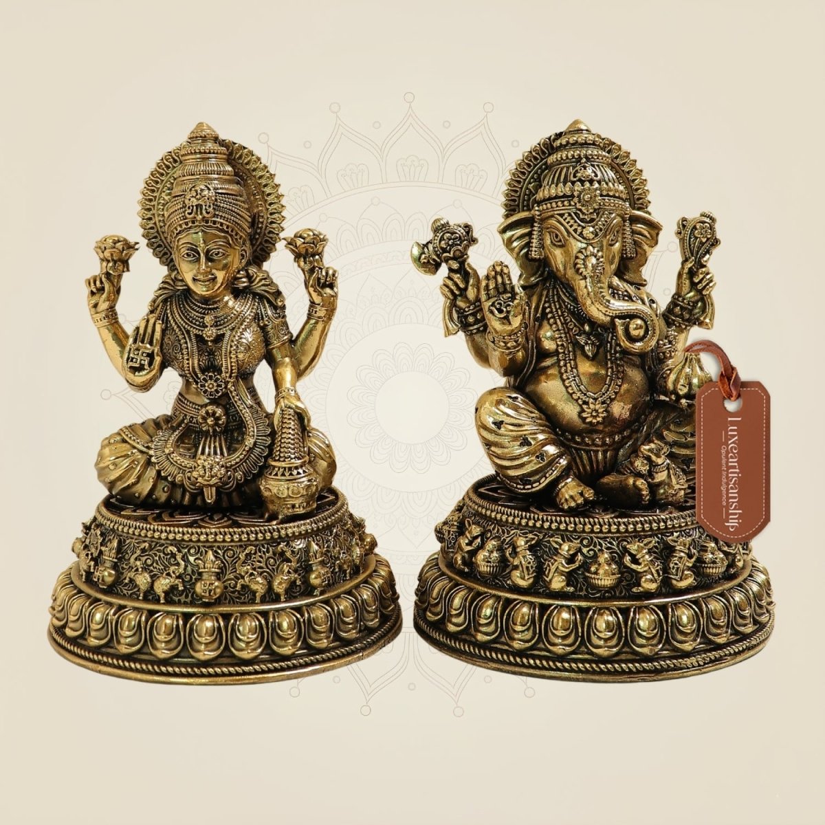Brass Superfine Laxmi Ganesh Idol Set – 5" Wealth & Prosperity Murti - Luxeartisanship