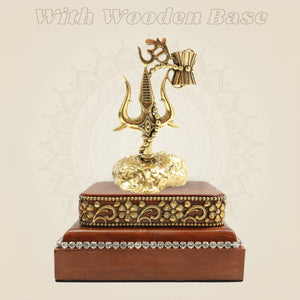 Brass Trishul with Damru and Om Symbol, 6″ Decorative Piece on Square Wooden Base - Luxeartisanship
