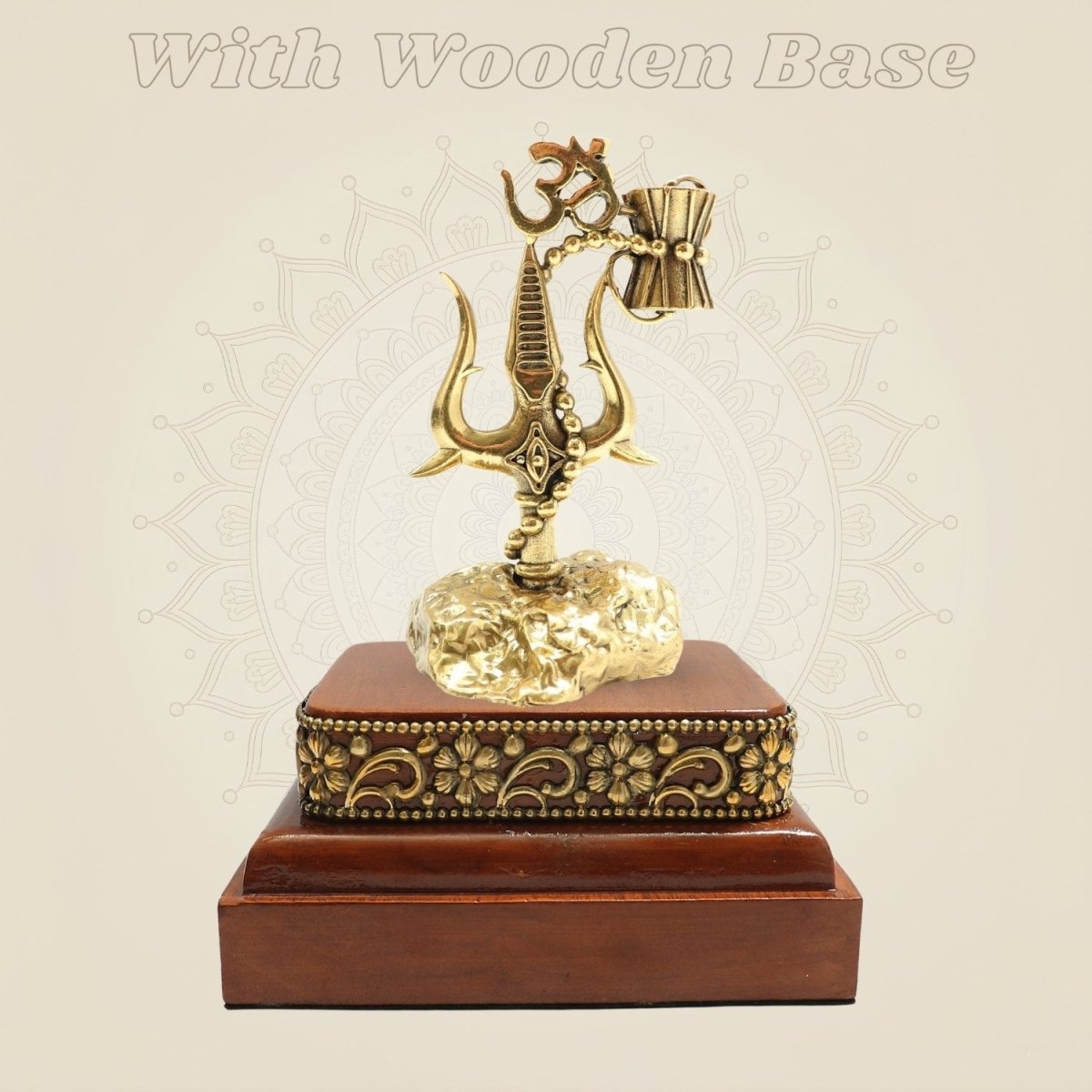 Brass Trishul with Damru and Om Symbol, 6″ Decorative Piece on Square Wooden Base - Luxeartisanship