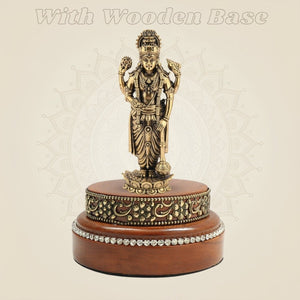 Brass Vishnu Idol 6.75″ Resting on a Hand - Finished Round Wooden Platform - Luxeartisanship